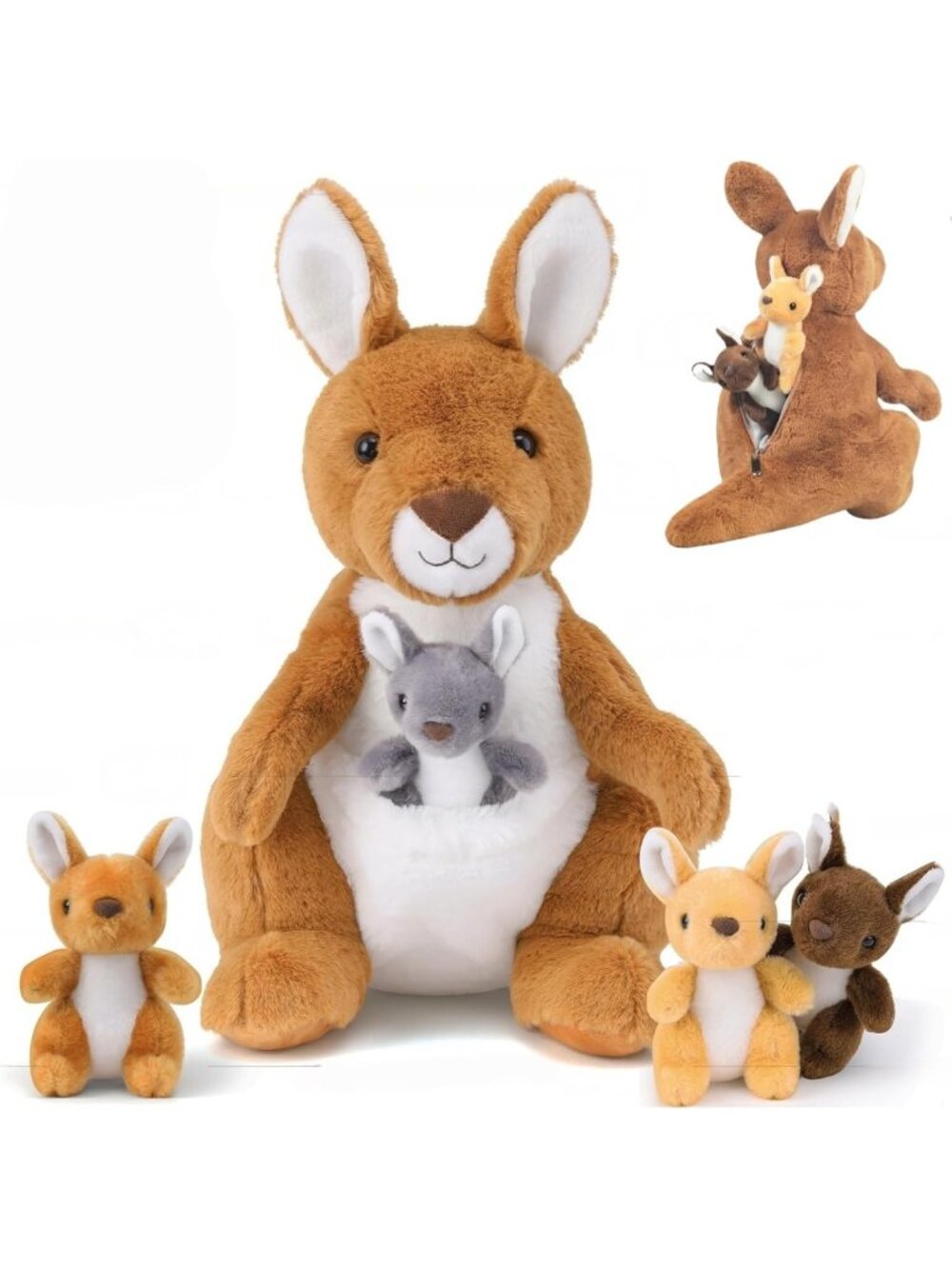 5-in-1 Plush Kangaroo Set with 4 Baby Joeys, Soft Stuffed Toy for Kids & Gifts